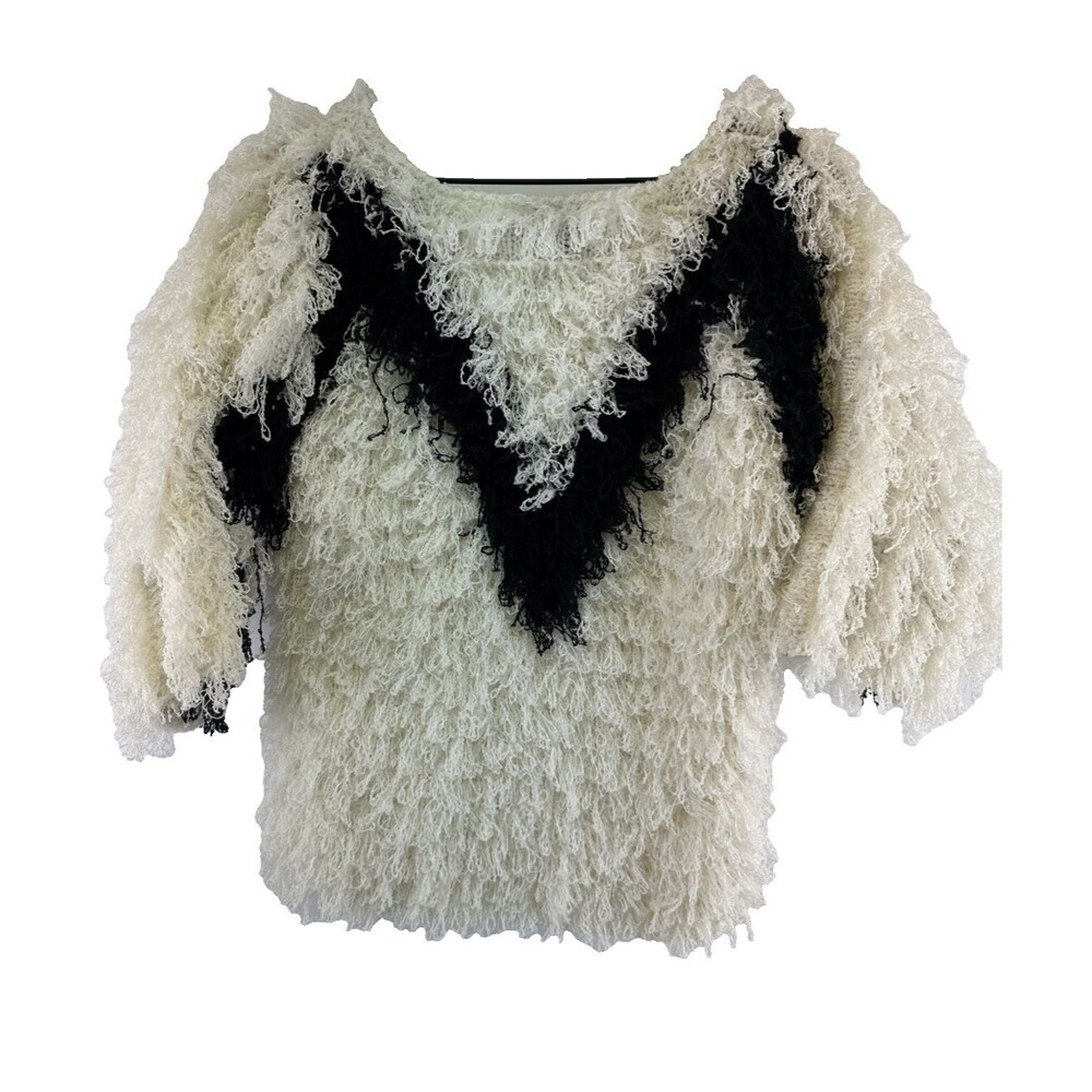 Le Chois Fringe Knit Sweater 3/4 Sleeves White Black Vintage Pullover Womens Med